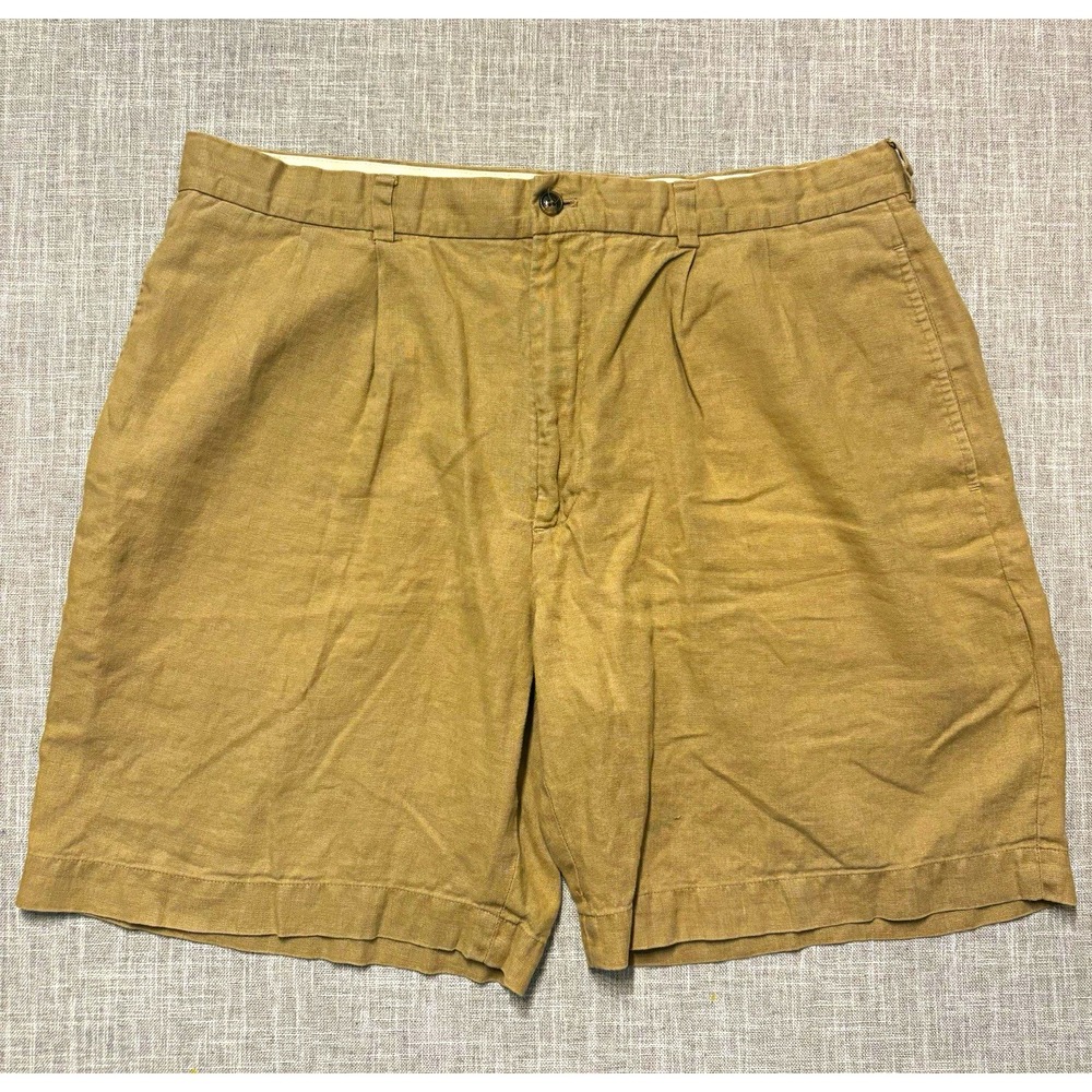 Brooks Brothers 346 Men's Beige Linen Pleated Shorts Solid Button 8" Inseam